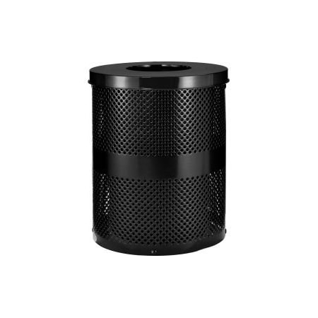 Outdoor Perforated Steel Trash Can With Flat Lid, 36 Gallon, Black